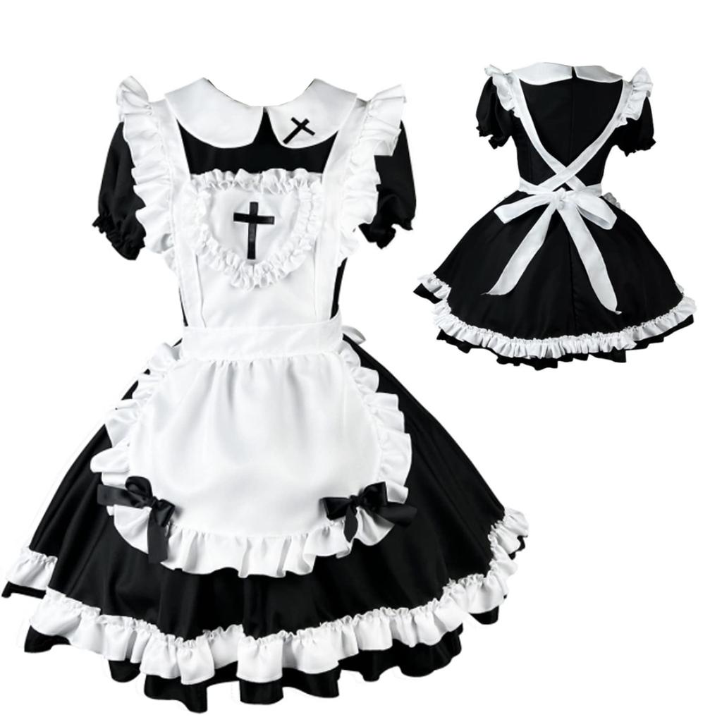 Maid Café Gothic Gothic Klein Größe M [FULINE] Kostüm, Cosplay, Maid, Halloween, Lolita, Niedlich, Alice-inspiriertes Kreuz, Kleid, Länge, Schwarz,
