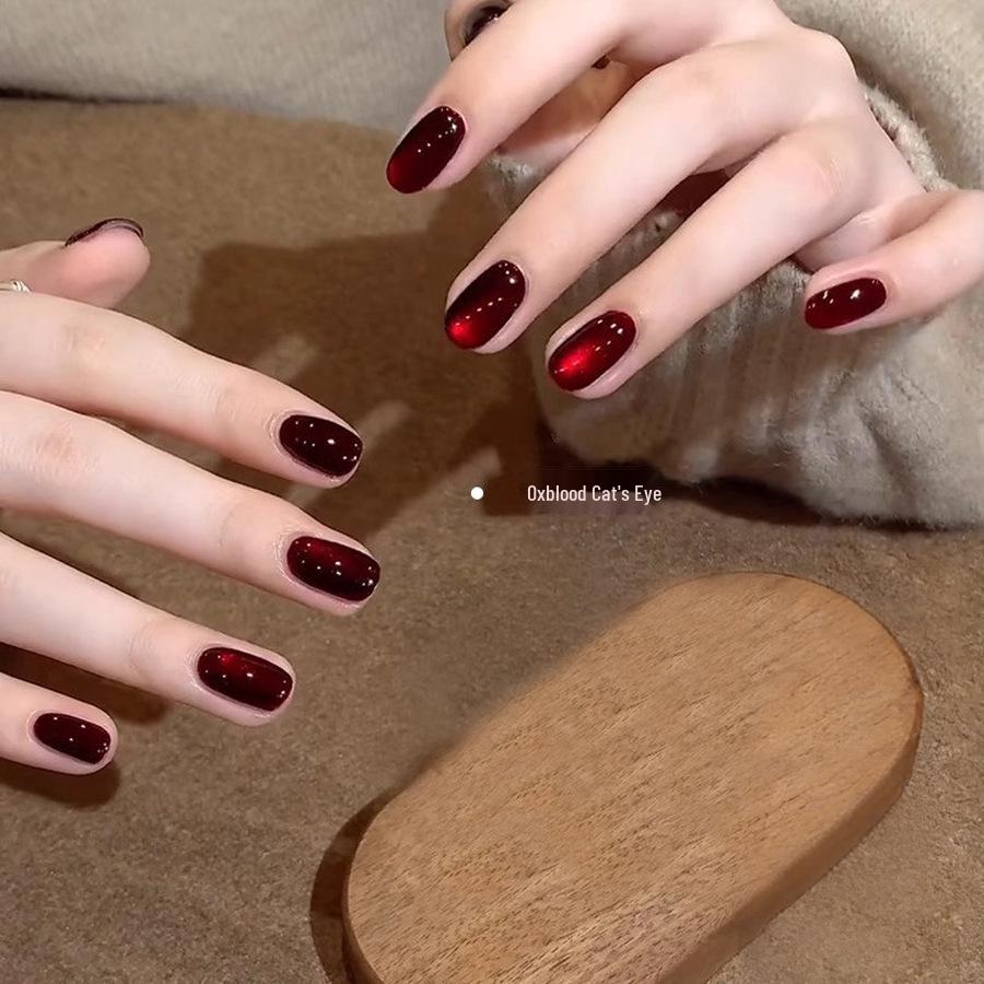 2026 New Style Ox Blood Cat Eye Gel Nail Polish: Red Agate & Wine Red Glass Beads Manicure