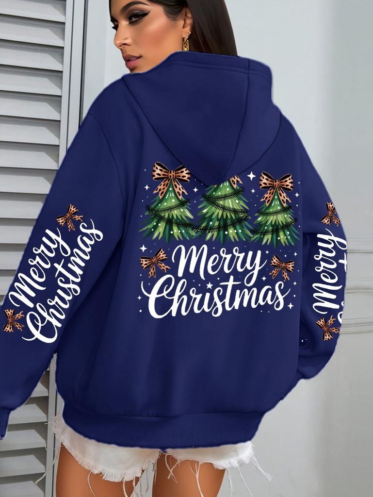 Merry Christmas Bow Tree Pattern Women'S Hoodie Casual Hoodie Autumn Hooded Sweater