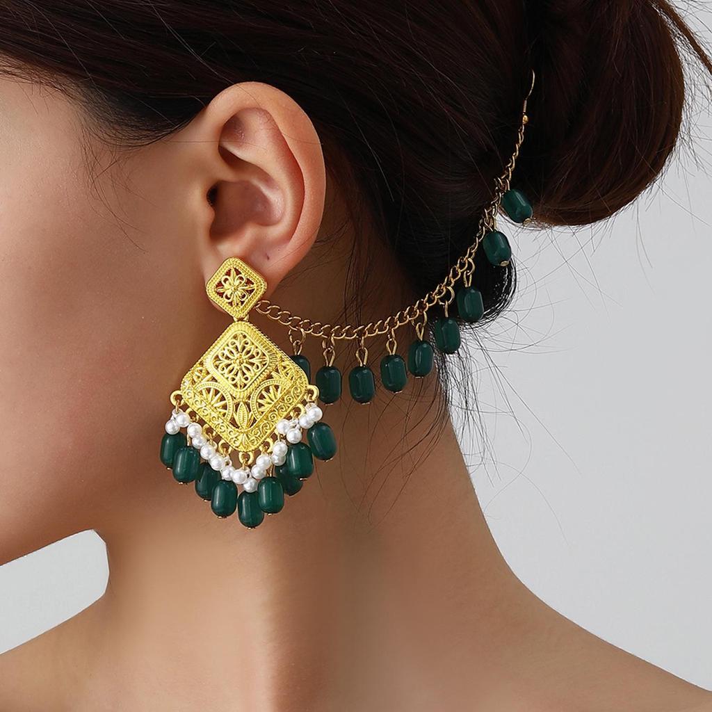 Bohemian Exotic Rhinestone Tassel Necklace & Earrings Set In Antiqued Alloy