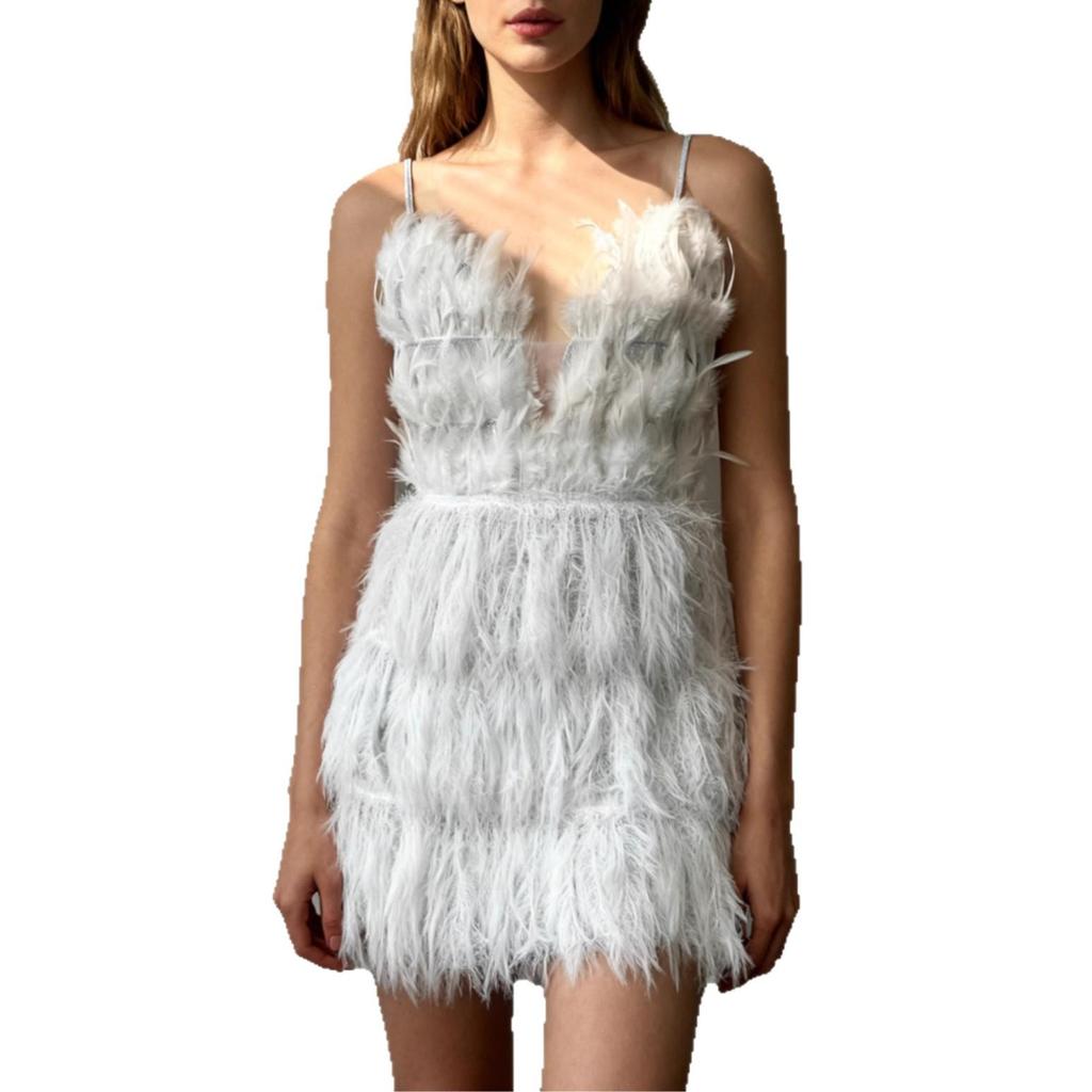 Sexy Mini-Kleid mit tiefem V-Ausschnitt, Spaghettiträgern und Patchwork aus weißen Federn