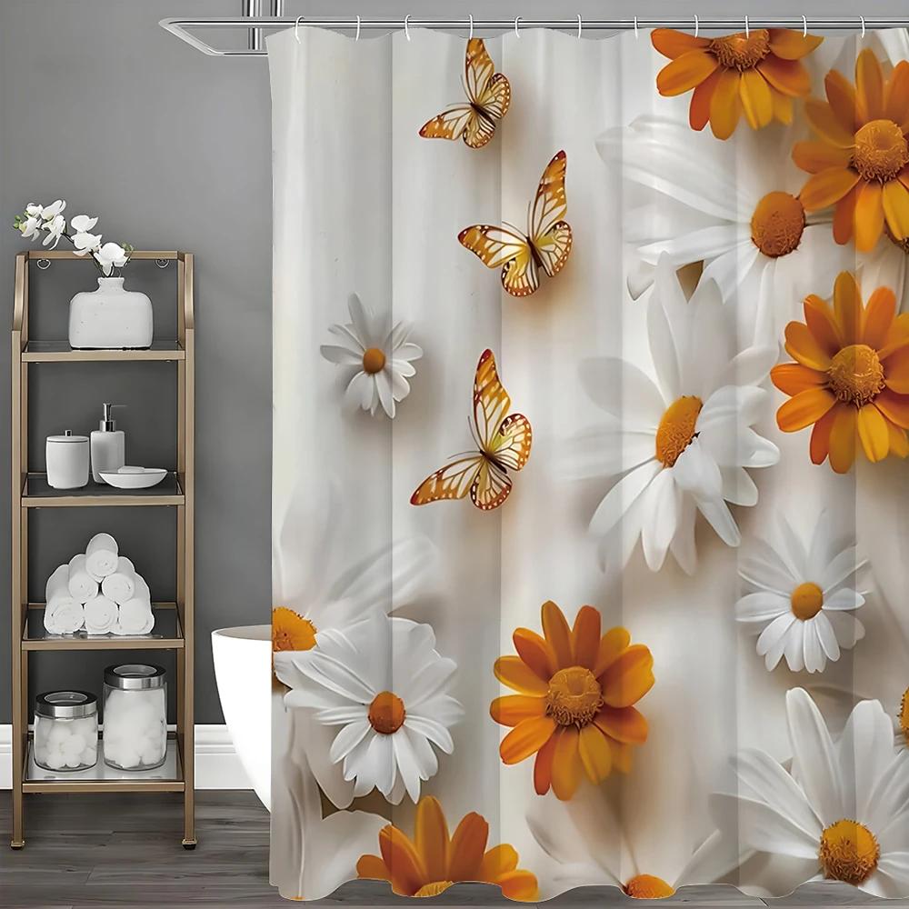 Orange White Floral Butterfly Shower Curtain, Bathroom Decorative Shower Curtain, Waterproof Shower Curtain with Hooks W90XH180cm