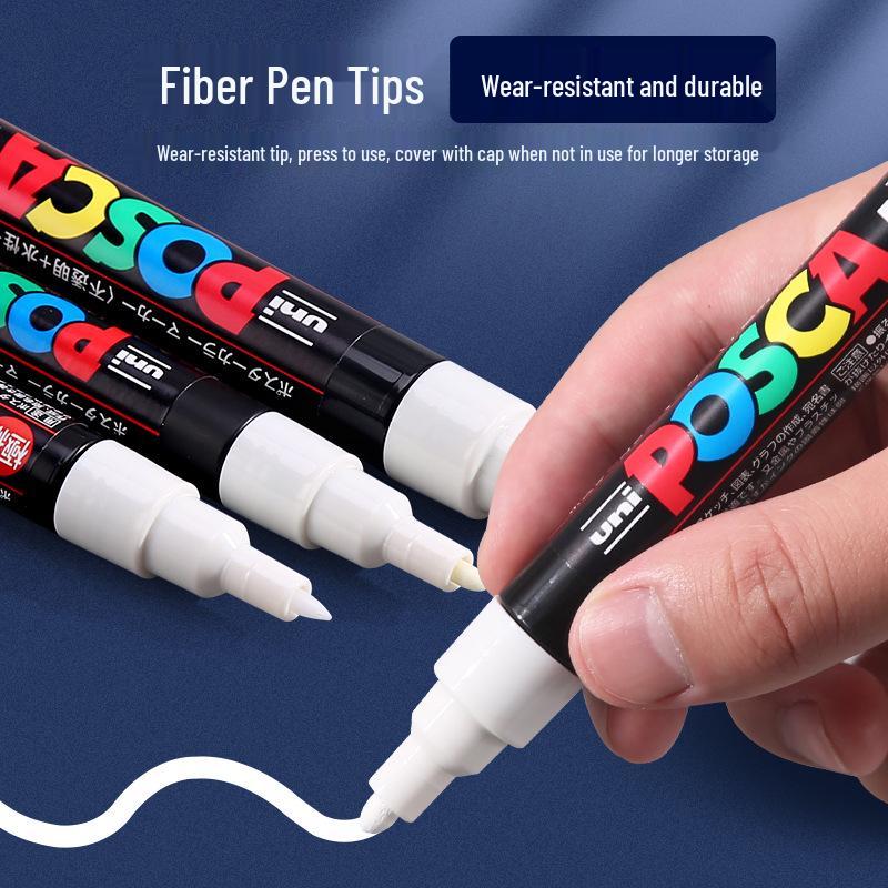 Set de Markere Acrilice Uni POSCA Albe: PC-1M/3M/5M pentru Carduri Negre Pictate Manual