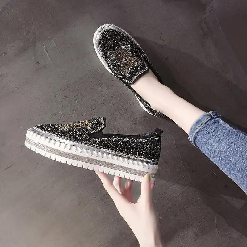Fashion Diamond Rhinestone Loafers with Crystals Ladies Shoes High On Platform Low Slip Women Footwear Bow Canvas 39 Cotton Trends 2024