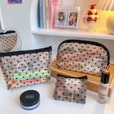 Transparent Mesh Cosmetic Bag Box Set Cute Zipper Printing Portable Storage Portable Toiletry Bag Stationery Bag for Women