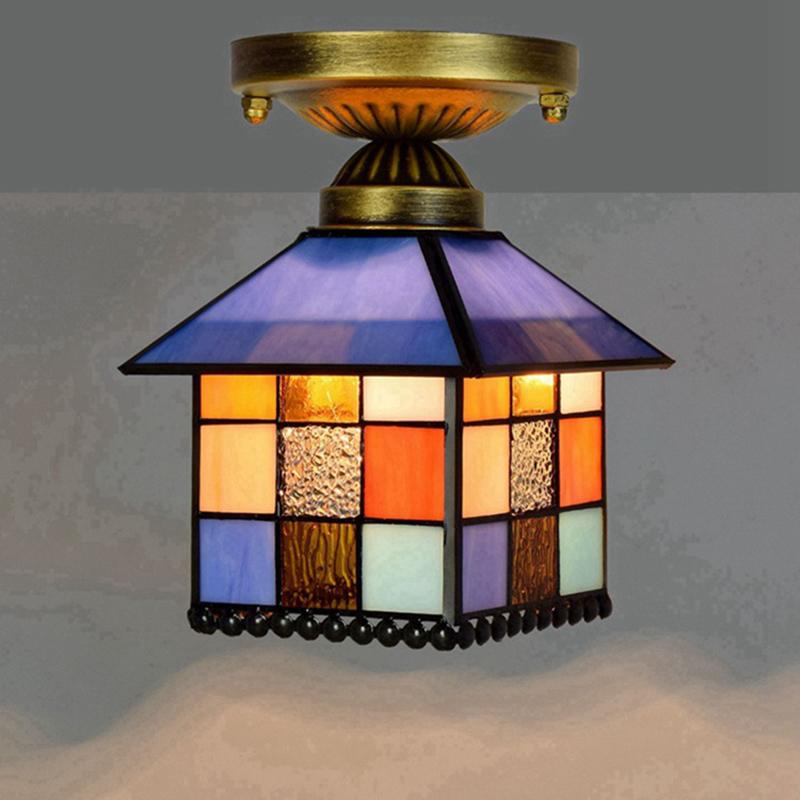 European Stained Glass Ceiling Light - Handcrafted Floral Rose Mosaic, Antique 8Inch Wide Flush Mount for Dining Room/Library