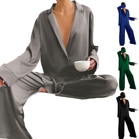 2 Pcs/Set Women Shirt Pants Set Homewear Suit Loose Lapel Long Sleeve Loose Solid Color Single-breasted Wide Leg Straight Soft