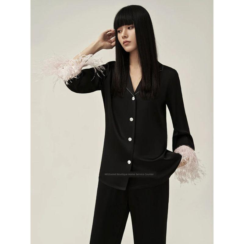 Dutch Original Order ~ Diamond Buckle Pink Feather Pajamas Women's Long Sleeve Pants Suit Ice Silk Classy Trendy Homewear