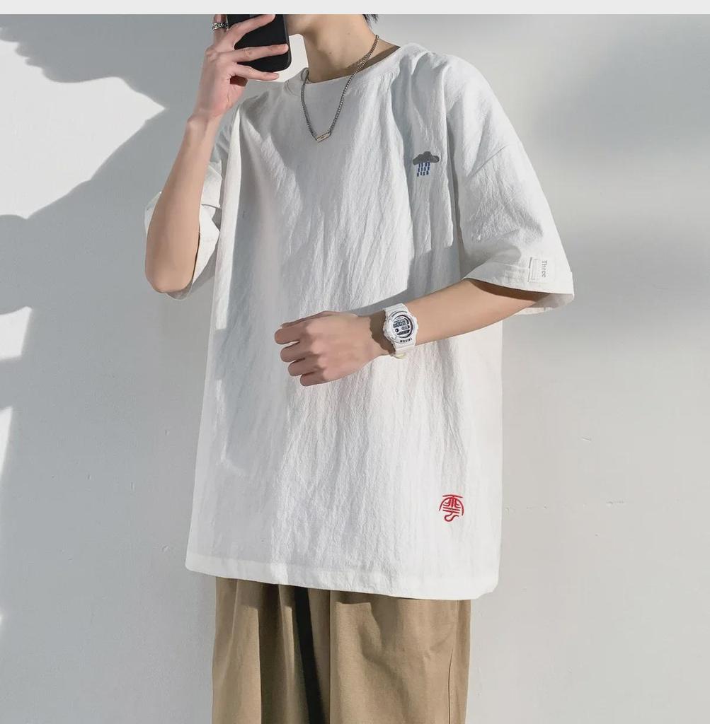 Men's Summer Cotton-Linen Short-Sleeve Chinese Style Embroidered Casual T-Shirt