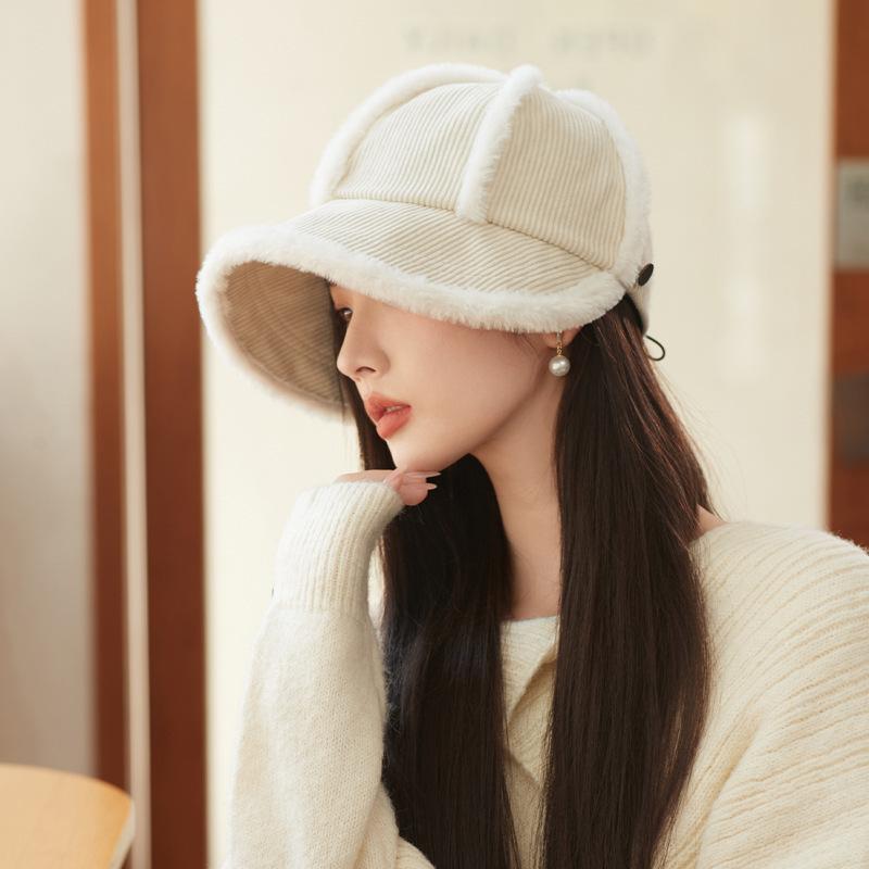 Winter Hat Women's Japanese Plush Big Head Circumference Octagonal Hat Plush Warm Face Small Cap Tide