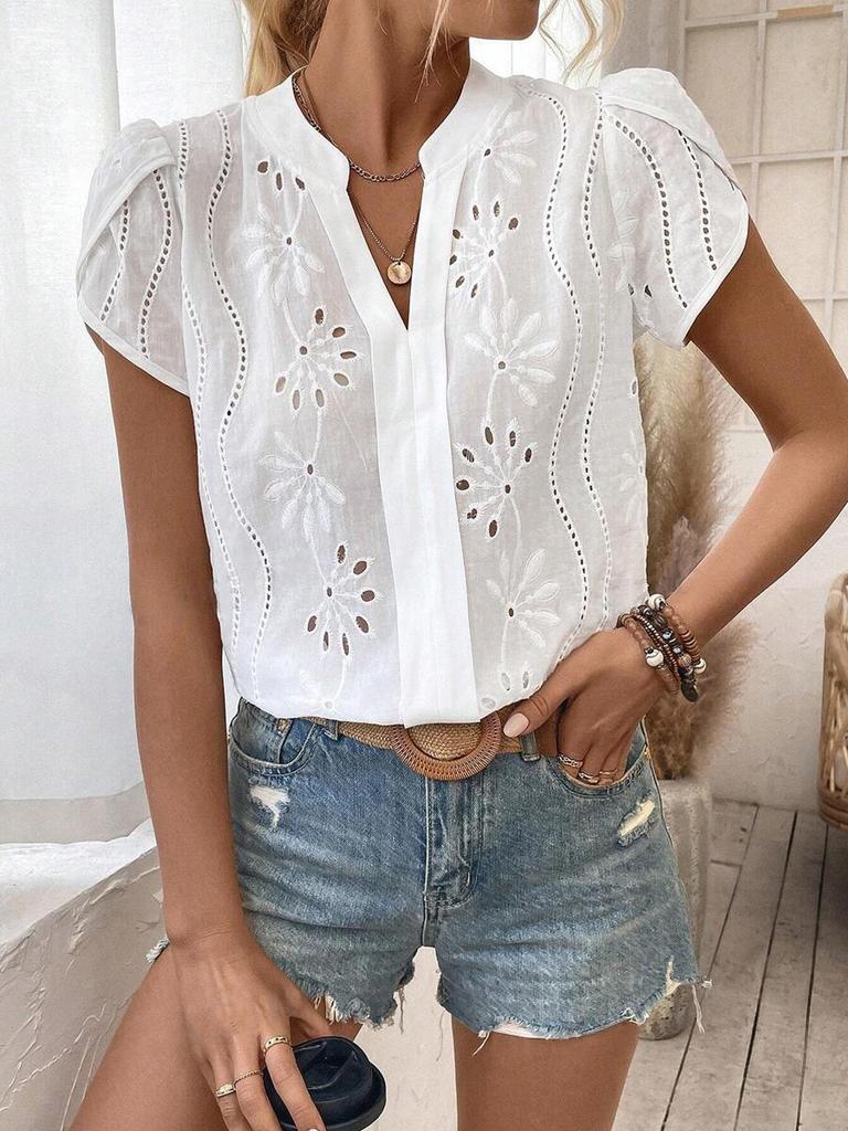 Wind New Women's Outward Bound Clothing Hollow Lace V-Neck Cardigan Short Sleeve Shirt for Women
