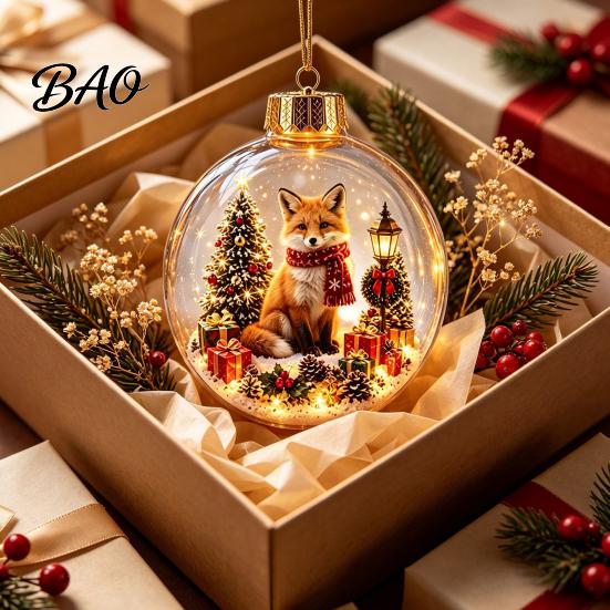 Transparent Holiday Tree Pendants Glowing Christmas Story Ornament, Mini Scene in Ball with Warm LED 3D Acrylic Hanging Baubles Light, Clear