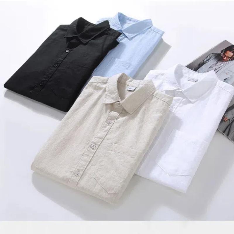 Cotton Linen Summer Shirt Japanese Style Men's Short Sleeve Shirt Beach Men Tops Square Pocket Blue Button Shirt Daily Causal Shirt