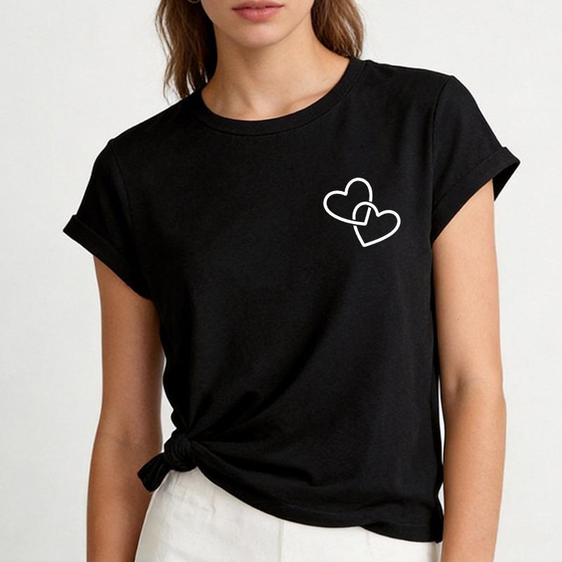 Women's Funny Two Heart Print Black T-Shirt Casual Crew Neck Short Sleeve Soft Comfortable Fashion Tee Daily Basic Casual Top