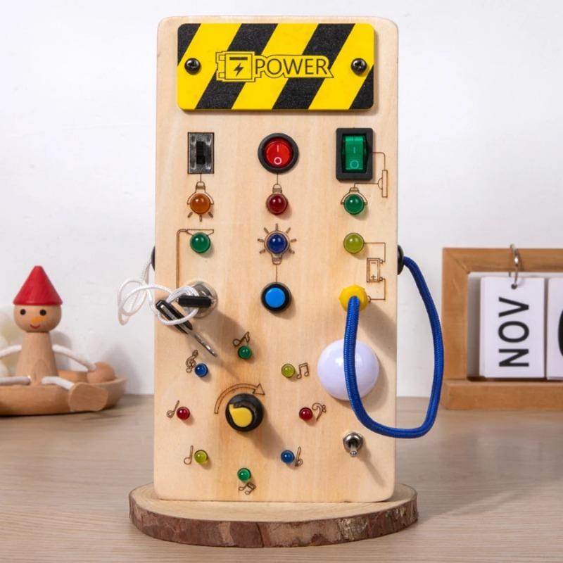 DIY Busy Board Physics Science Wooden Toy with LED Light Switch for Children Education Learning Sensory Busy Board Game Toys