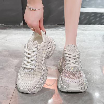 Zapatos de Mujer de Lujo con Pedrería Moda de Verano Malla Hueca Diseño Aumentador de Altura Zapatos Deportivos Casuales de Suela Gruesa
