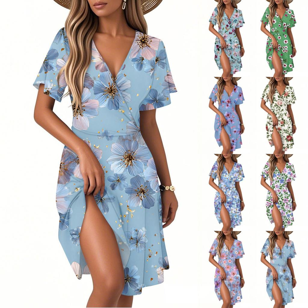 Women's Fashion Short Sleeve Wrap Sundress V-Neck Floral Print Dresses