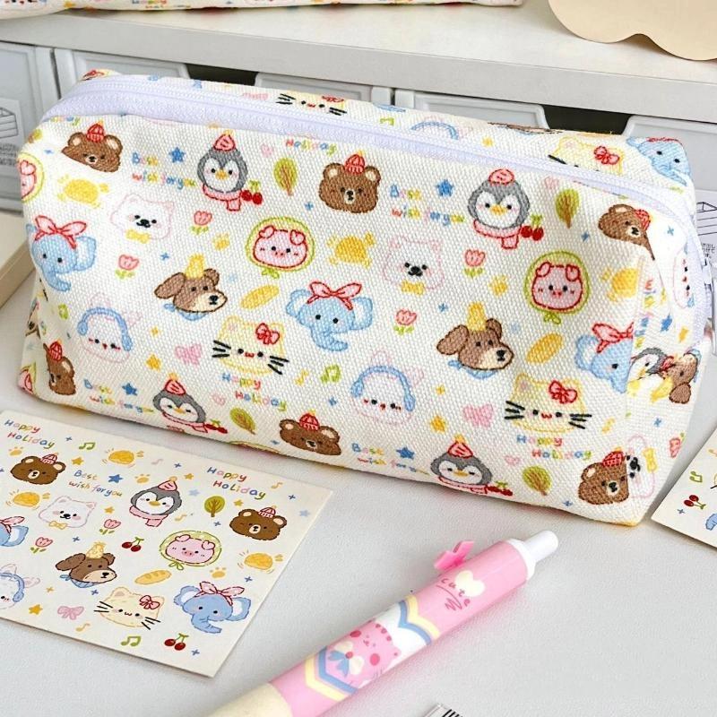 

High Quality Canvas Cartoon Animals Printted Patterns Large Capacity Pen Bag Multi Purpose Storage Bag Makeup Bag Stationery