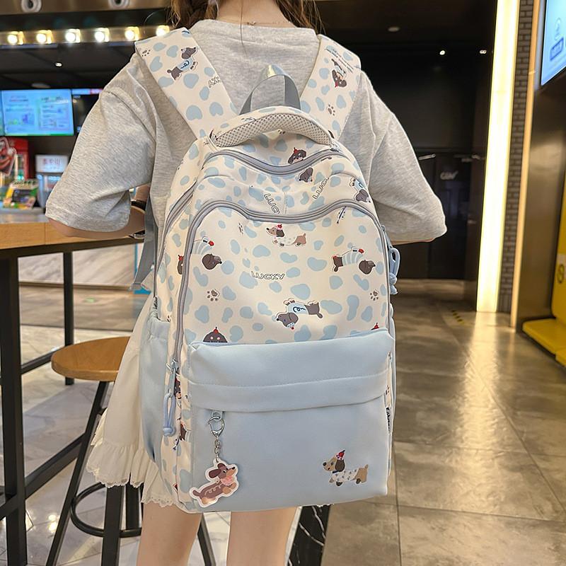Cute Dachshund Dog Cartoon Printed Student Backpack With Pendant School For