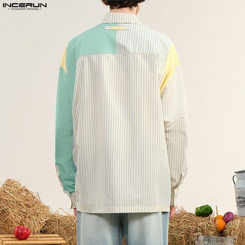 INCERUN Oversized Men Lapel Neck Long Sleeve Striped 3D Flowers Casual Loose Shirts