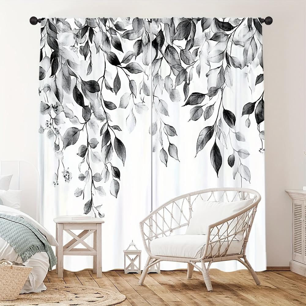 2pc Black and white floral pattern curtains   polyester fabric   machine washable   suitable for bedroom and living room decoration
