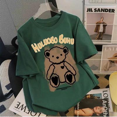 Women's Retro Little Bear Cotton T-Shirt - 2026 Summer Short Sleeve Loose Fit with Cartoon Print for Girls