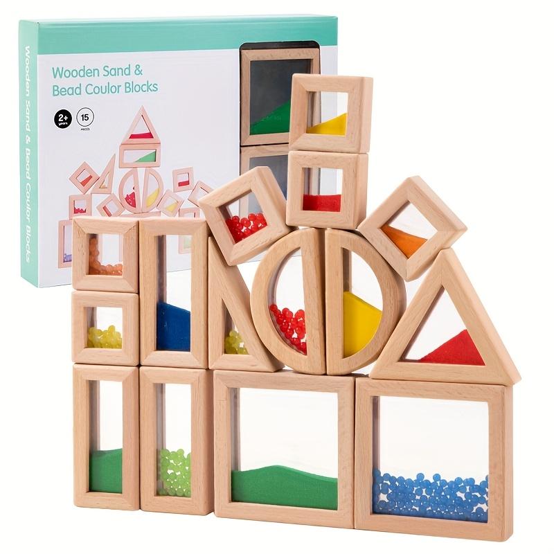 Sensory Wooden Building Blocks Set 15/23pcs Acrylic Rainbow Construction Toys, Made of Beechwood, Perfect for STEM Learning Gifts,Christmas