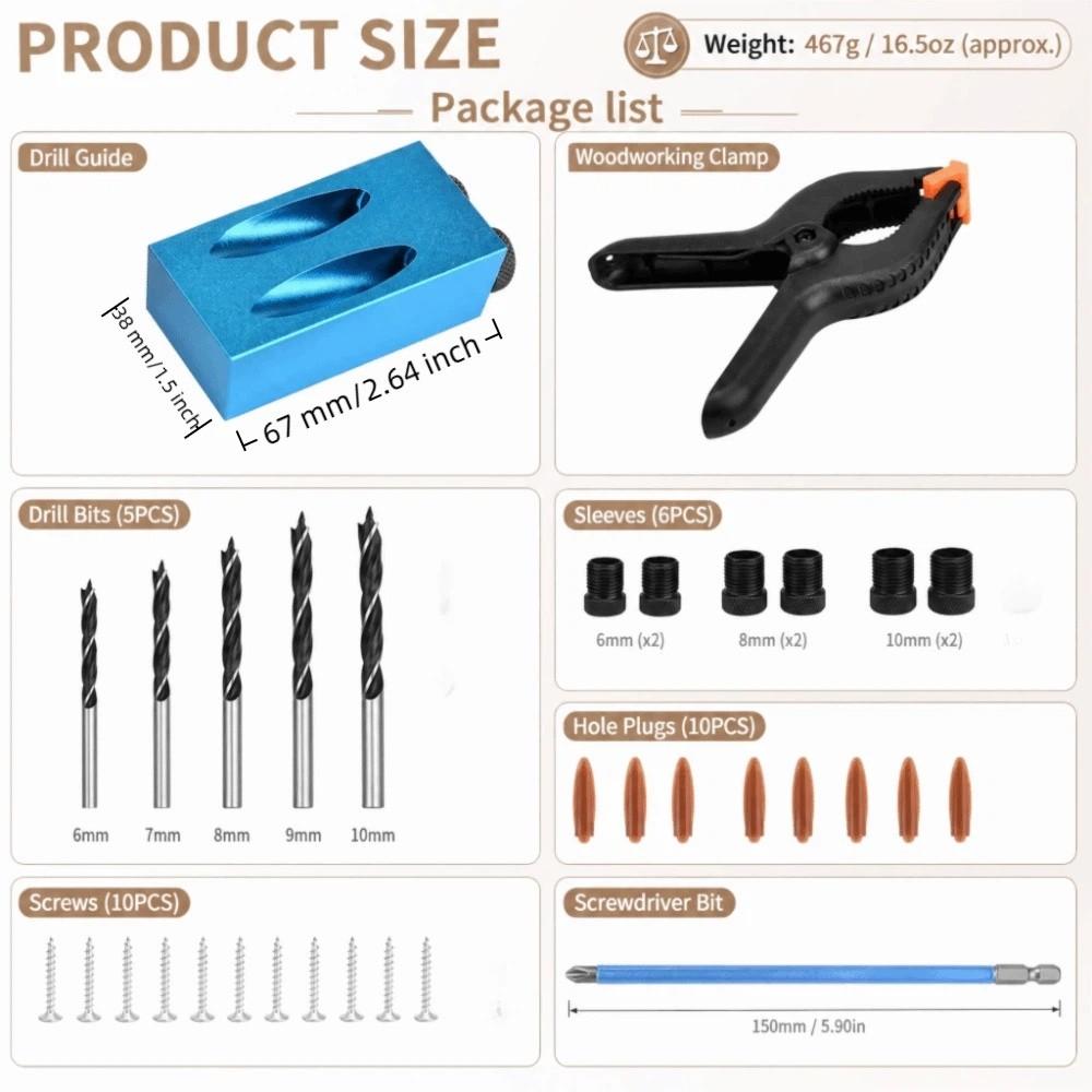 34pcs 15° Drilling Angle Pocket Hole Jig Kit Oblique Drill Positioner For Carpenters