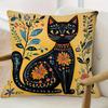 1Pc Folk Art Style Floral Black Cat Printed Throw Pillow Cover,Suitable For Sofa,Bedroom,Living Room,Unique Gift For Cat Lovers