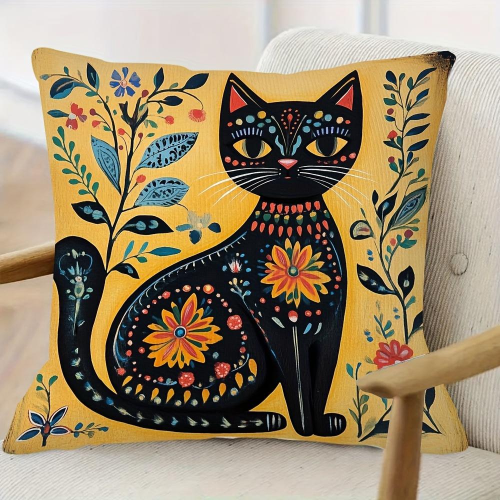 1Pc Folk Art Style Floral Black Cat Printed Throw Pillow Cover,Suitable For Sofa,Bedroom,Living Room,Unique Gift For Cat Lovers