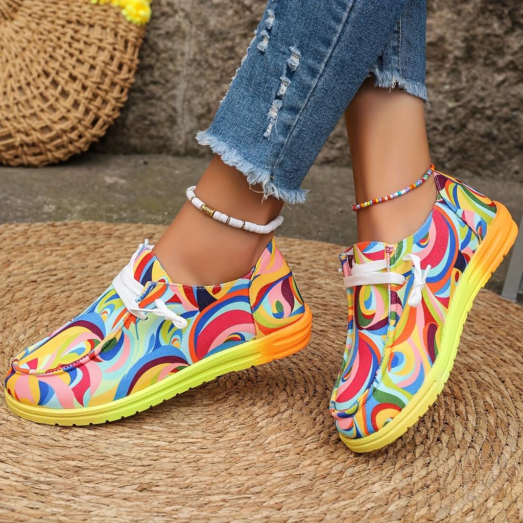 Fashion Women Flats Shoes Autumn New Casual Daily Flat Loafers Ethnic Rainbow Canvas Shoes Ladies Round Toe Multi-Color Print Sneakers