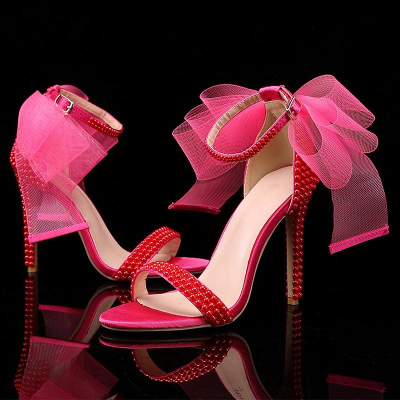 Mode Sommer Neu Mode Schleife Perlen Damen Gladiator Sandalen Luxus Perlen Weiß dünne Hohe Absätze Hochzeit Braut Party Schuhe