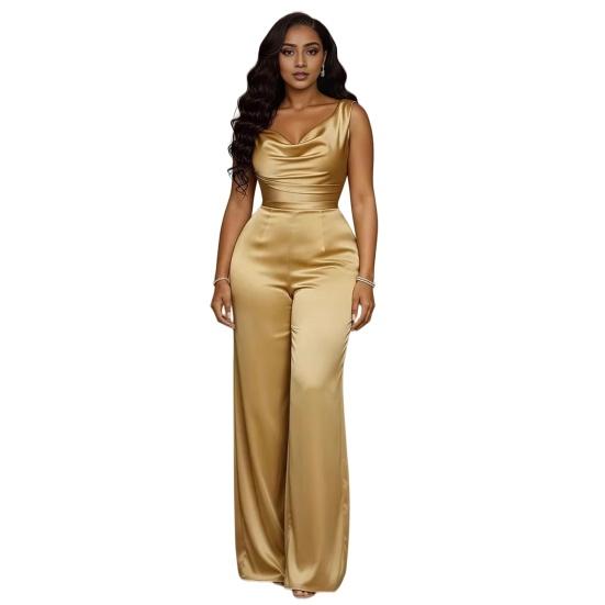 

Women s Satin Sleeveless Jumspuist Cowl Neck Wide Leg Long Pants Dressy Romper High Waist Club Night Party One Piece Outfits S шампанского