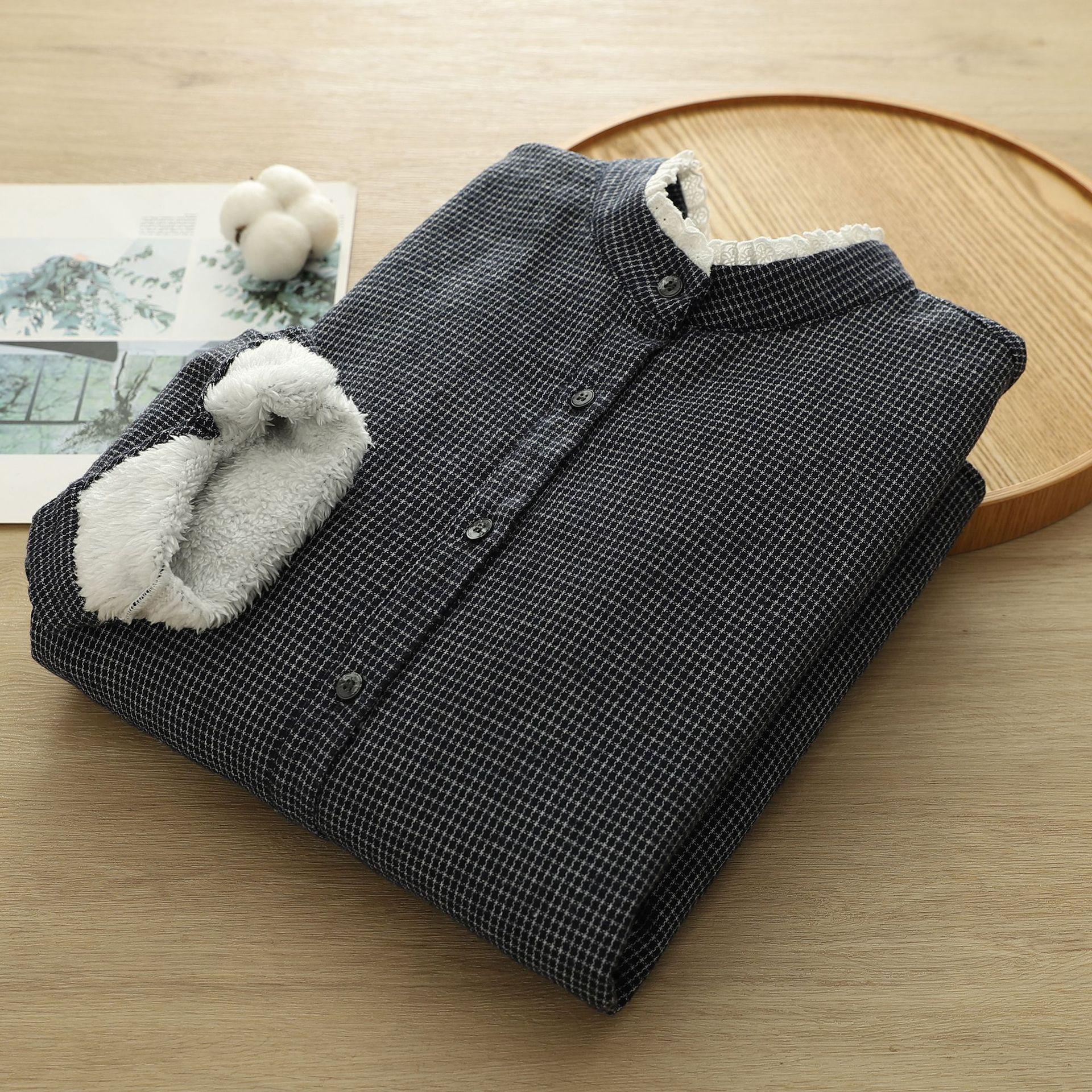 

Women s Korean Chic Plaid Fleece-Lined Shirt with Lace Collar - Autumn/Winter 2025 M