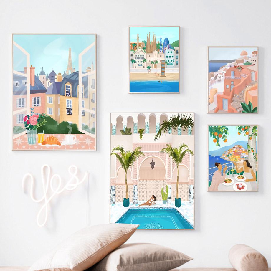 Šiaurės šalių Egėjo jūra Marokas Drobė Tapyba Mergina Kelionė Peizažas Sienos Menas Mėlynas vandenynas Plakatas Svetainė Namų apdaila Cuadros