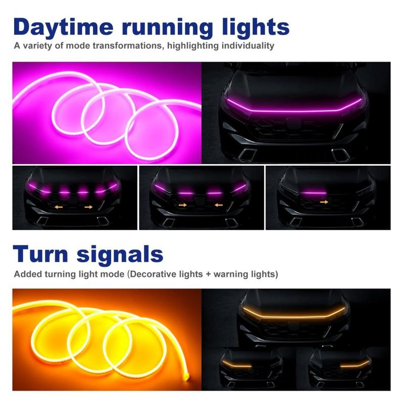 LED Car Daytime Running Light Strip - Pink & Yellow Dual Color Plug And Play Start Scan Turn Signal 12V Universal Car Hood Light