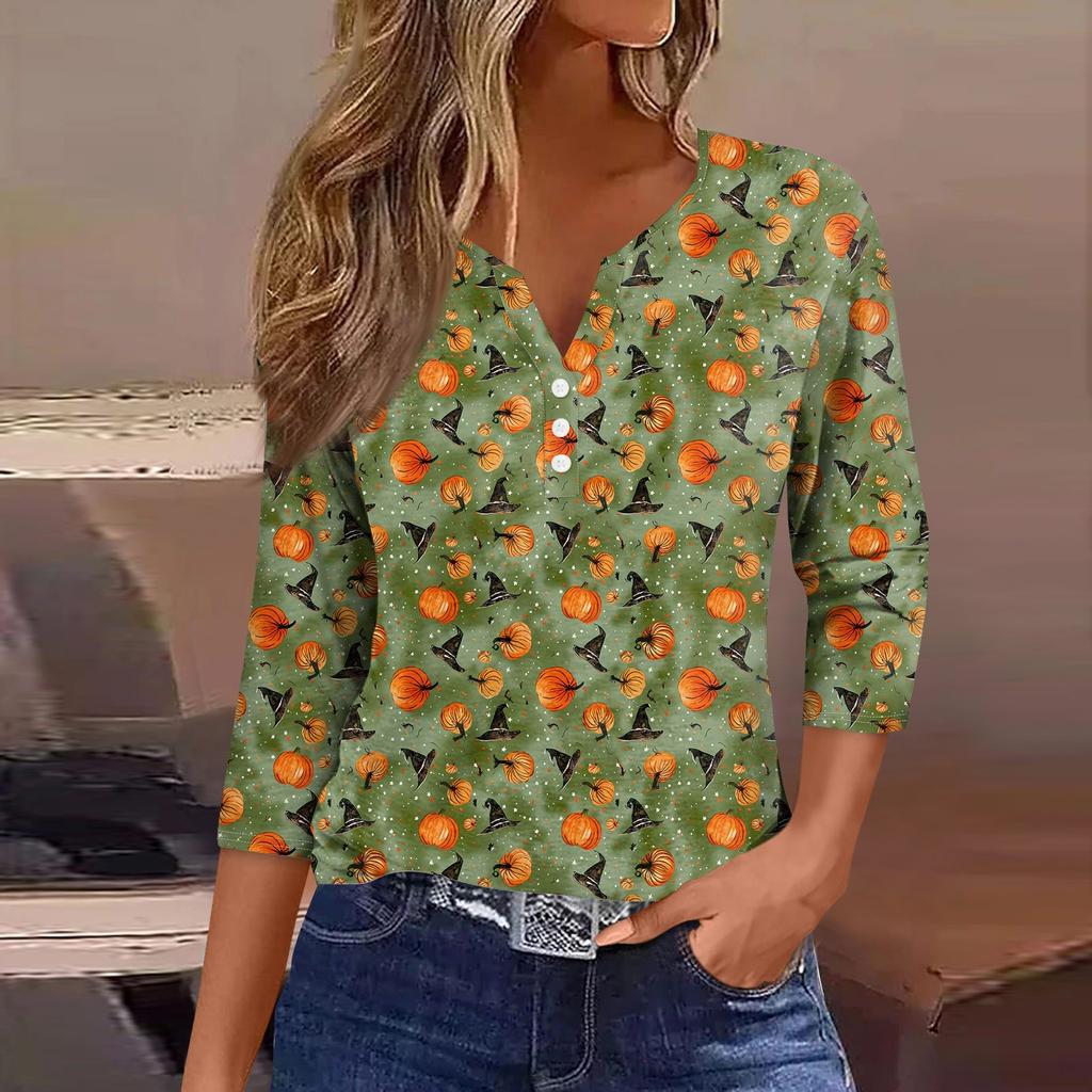 Women's Fashion Casual Halloween Printed V-Neck Short Sleeve Decorative Button Three-quarter Sleeve T-Shirt Top