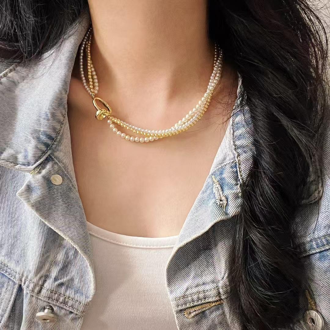 Vintage High-Gloss Artificial Crystal Pearl Warm White Warm Gold Cold White Pearl Double-Layer Necklace Collarbone Chain