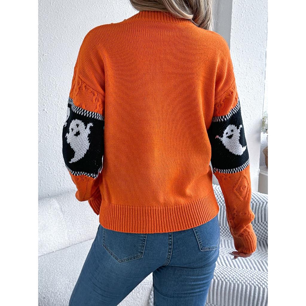 QICED  Autumn and Winter Halloween-themed Ghost-contrasting Color Long-sleeved Pullover Sweater Women's Wear