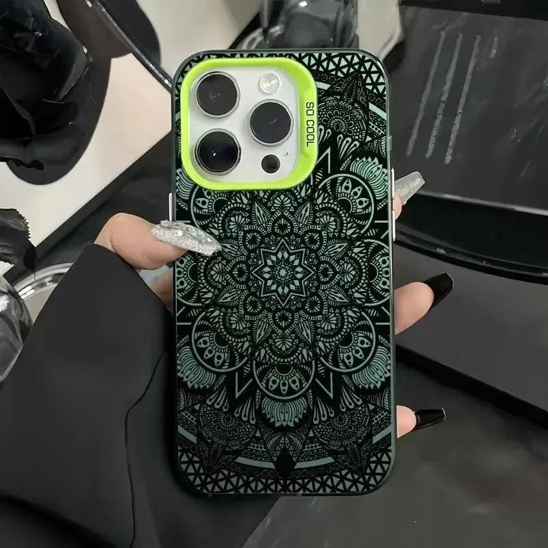 

Case For iPhone 16 15 14 13 12 11 Pro Max 14 15 16 Plus Vintage Flower Totem Silver IMD Shock-proof Camera Case iPhone 16