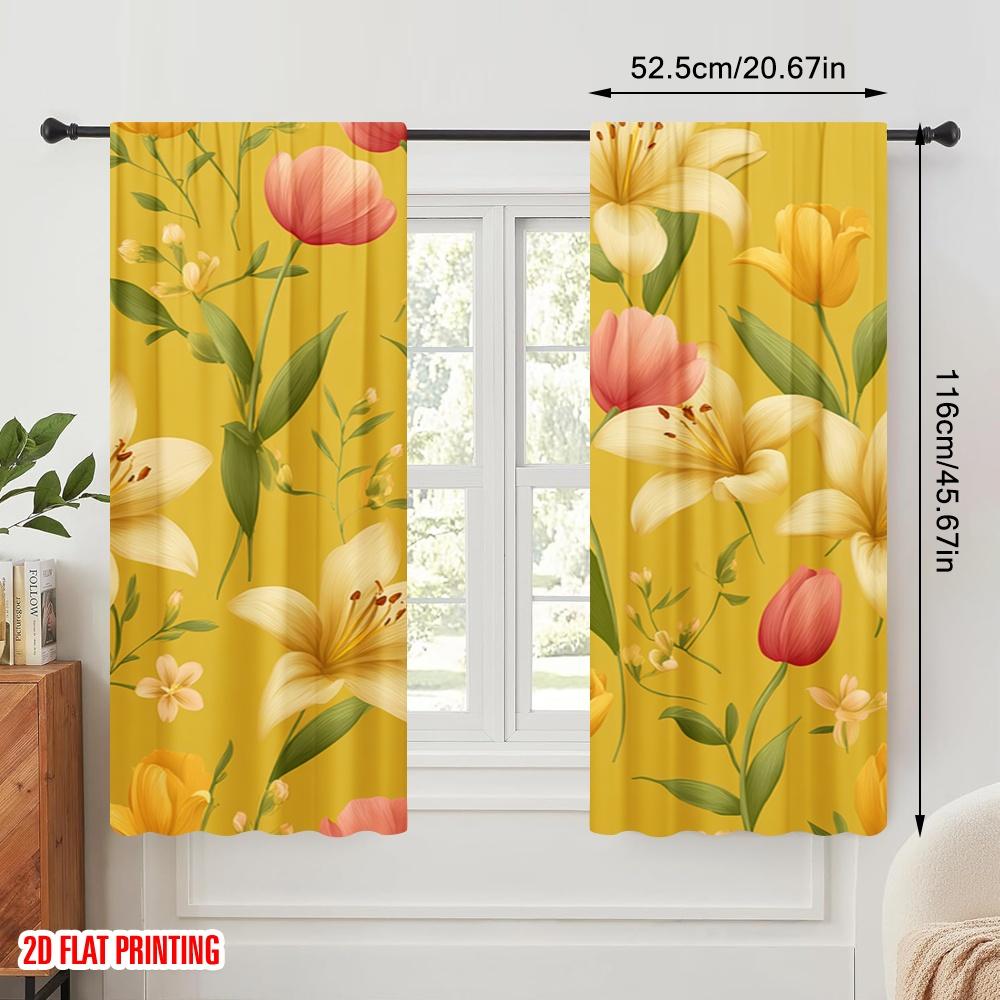 2pcs,2D plane printing Curtains Digital Printed Yellow Floral Harmony Versatile 100% Polyester (without rod) Decorations Outdoor