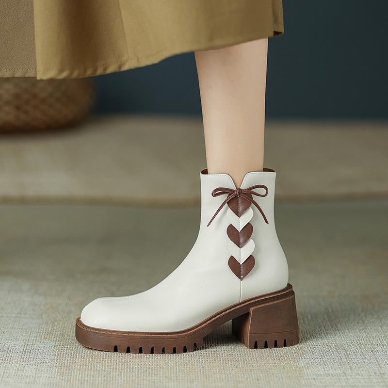 

Female Autumn Winter Bow Short Boots for Women Square Head High Heels British Style Side Zipper Thick Bottom Party Shoes 35