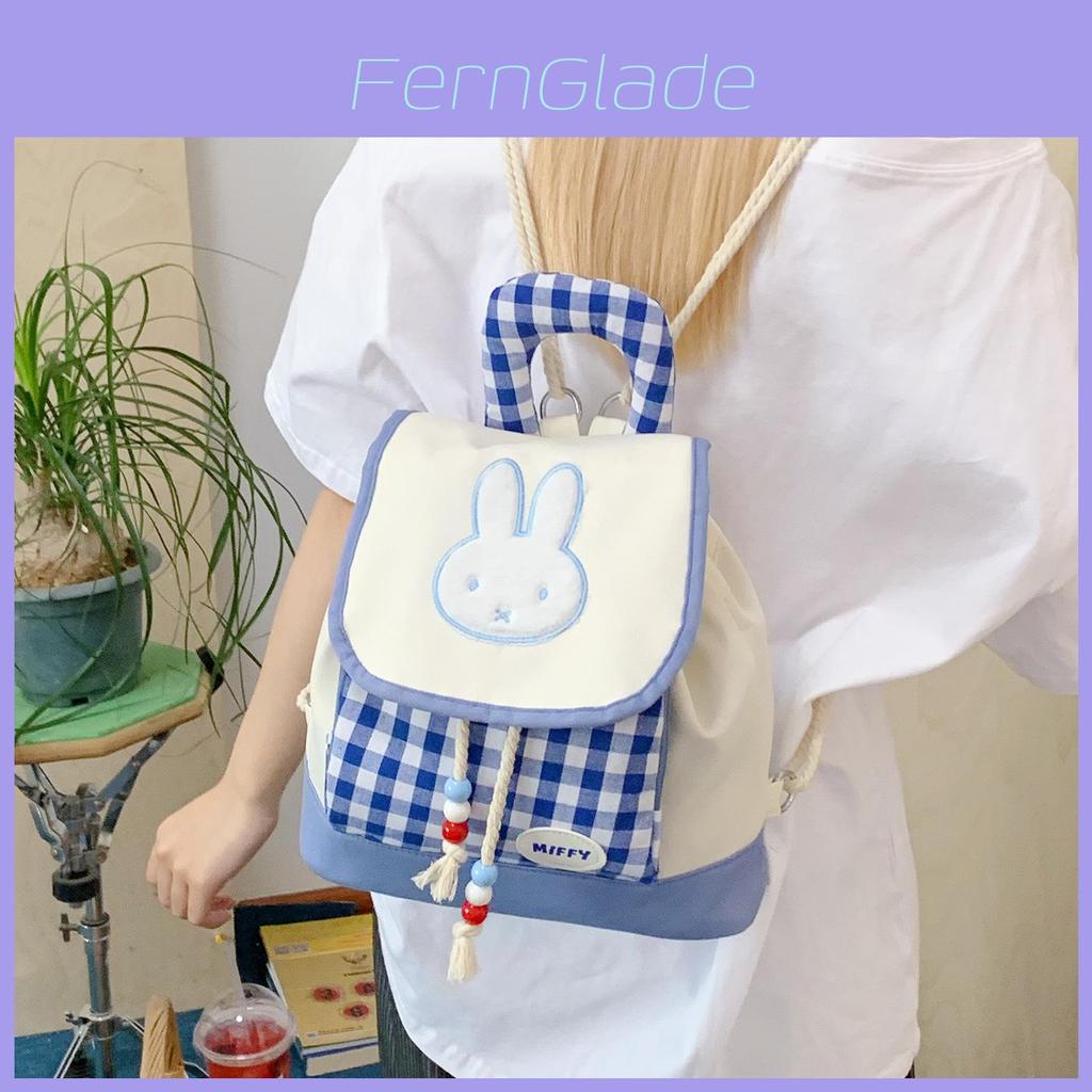 Cartoon Bunny Checkered Pattern Girl Mini Backpack With Nylon Material For Casual Day Use