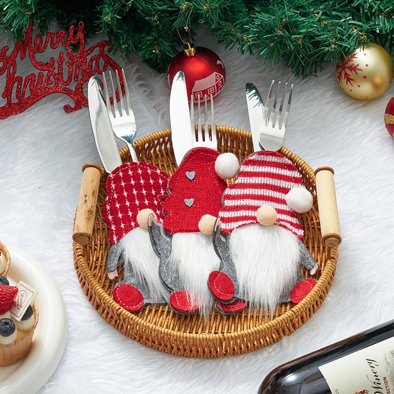 Christmas faceless doll knife and fork set with Rudolph table props and cloth - perfect for holiday entertaining!