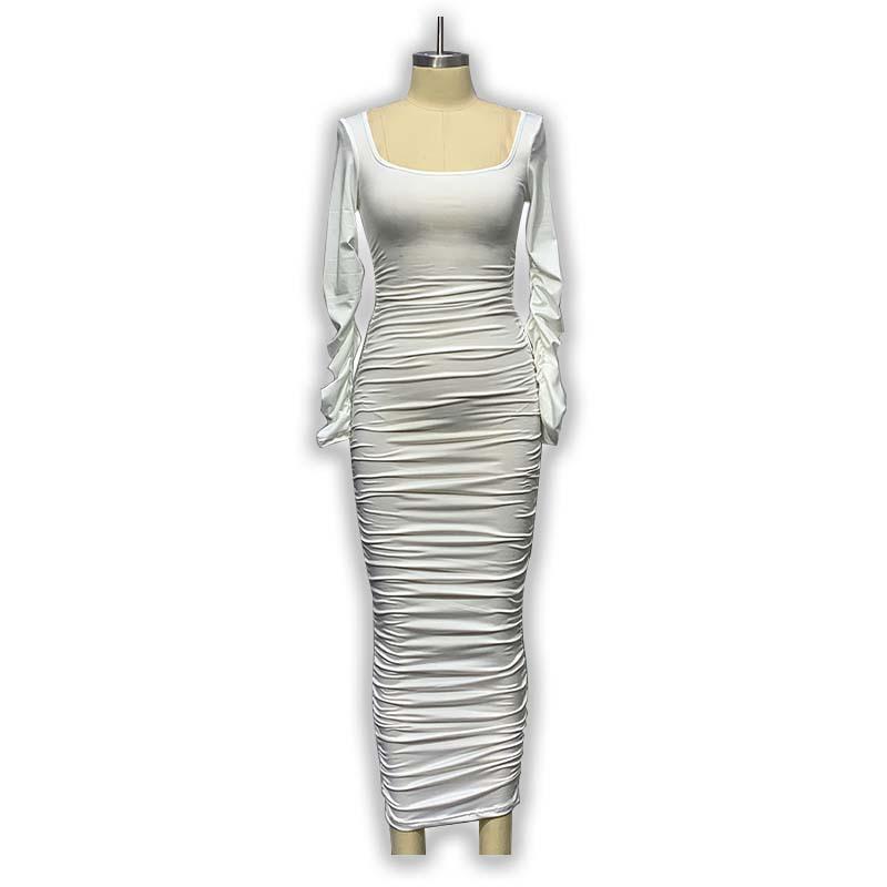 2024 Women's European & American Style Long-Sleeve Square Neck Slim-Fit Pleated Dress