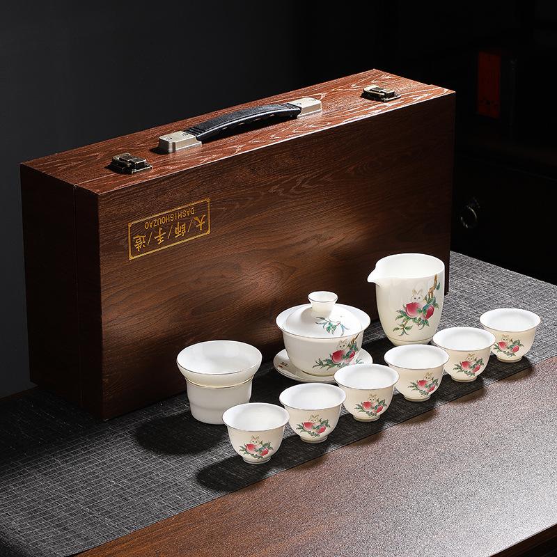 White porcelain cover bowl teacup gold-painted tea maker ceramic gift set suet jade kung fu tea set