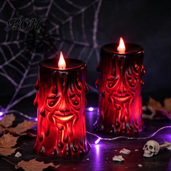 Plastic Halloween Figurine Flameless LED Candle, Spooky Face Tree Stump Pillar Atmospheric Festival Decoration Wax Drip Flickering Fake Candle
