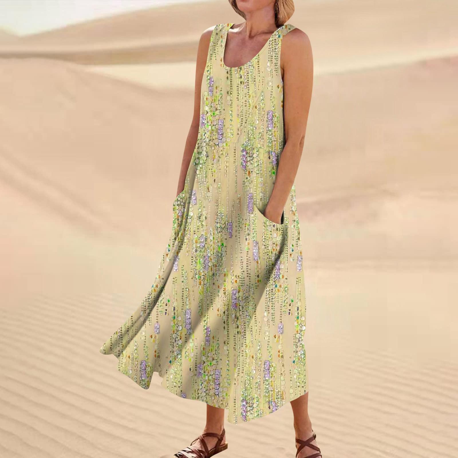 

Сукня без рукавів для жінок. Жіноча літня повсякденна модна сукня без рукавів із круглим вирізом і кишенями. XL жовтий