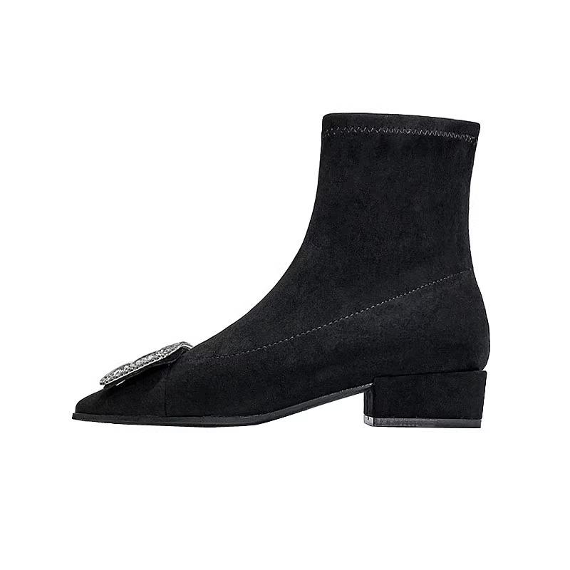 Fashion Women Crystal Suede Ankle Sock Boots Mid Heels Chunky Shoes 2024 Winter Designer New Square Toe Shoes Pumps Dress Femme Shoes