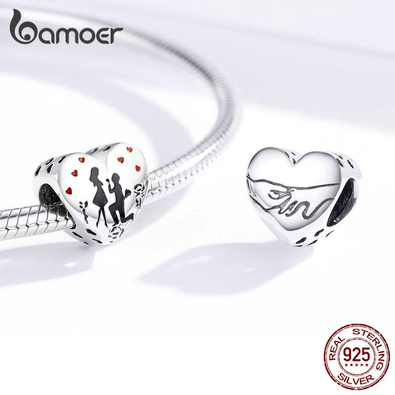 BAMOER Marry Me Heart Enamel Charm for Women Original Silver Bracelet 925 Sterling Silver Jewelry